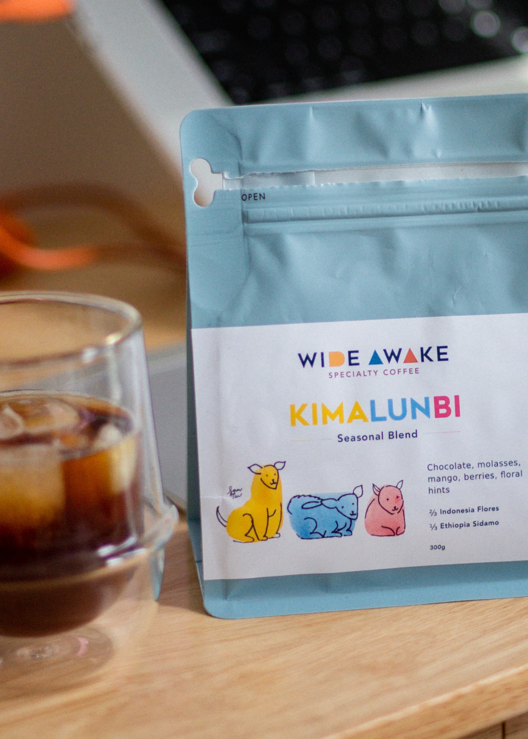 A close-up shot of Kimalunbi coffee by Wide Awake and a glass of cold brew