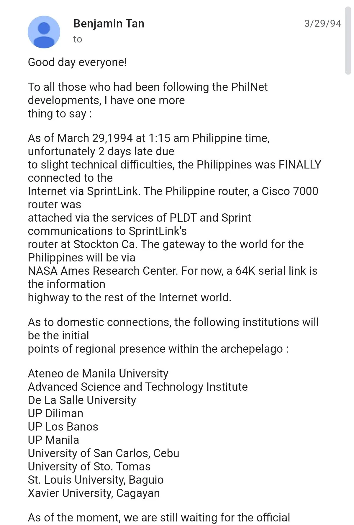 Benjamin Tan&rsquo;s email on PhilNet developments