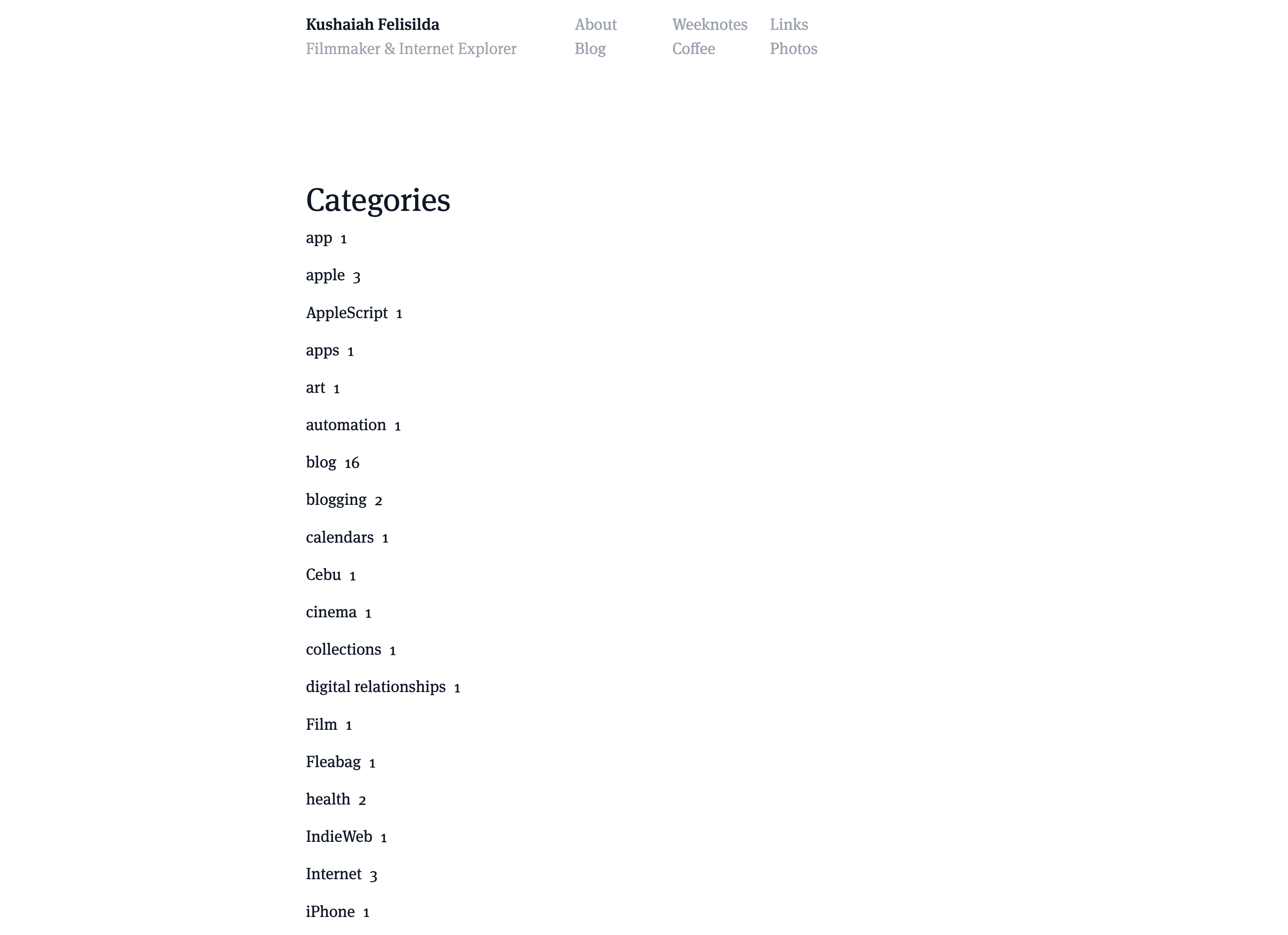 Categories page on my website